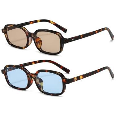 Imagem de piscm Óculos de sol retangulares retrô para mulheres e homens, óculos de sol quadrados pequenos e estreitos, Armação de tartaruga/lente marrom + armação de tartaruga/lente azul, One Size