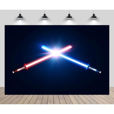 Imagem de CHNYWORK Pano de fundo de sabre de luz de 1,8 x 1,2 m com luz cruzada vermelha e azul, espadas de néon, universo, guerras, raios, galáxia, batalha, estrelas, guerras, crianças, decoração de festa de