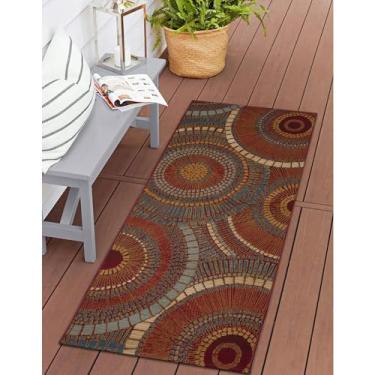Imagem de Liora Manne Esencia lavável à máquina antiderrapante perfil baixo interior/exterior tapete contemporâneo, abstrato, geométrico, azulejo, círculos açafrão 30 cm x 1,27 m