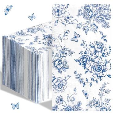 Imagem de 100 guardanapos florais azuis toalhas de mão descartáveis para banheiro 3 camadas azul e branco guardanapos de papel decorativos para convidados para chá nupcial casamento festa de aniversário