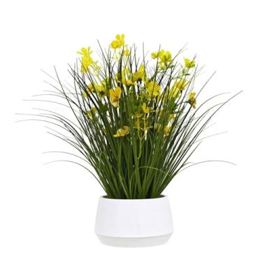 Imagem de 365 Blooming Decor 42 cm Planta de cebola amarela artificial em vaso branco moderno com seixos decorativos – grama sintética com flores amarelas, montagem gratuita para casa, mesa, prateleira e