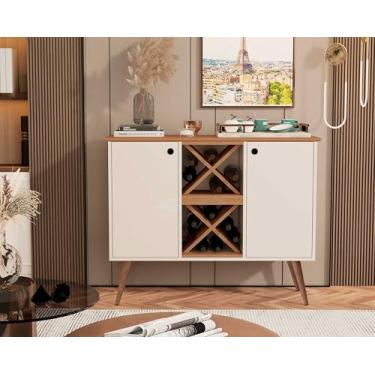 Imagem de Aparador Buffet Retrô com Adega, 79,5x38x75 cm, MDF/MDP, Preto e Madeira, 3 Prateleiras, Porta com Puxador (OffWhite/Nature)