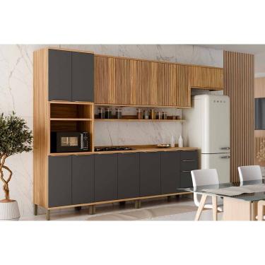 Imagem de Cozinha Modulada Ronipa Sauvignon Sauvignon 8 Peças (3Aéreos+2Balcões+1Paneleiro+2Complementos) C8P85 Amendoa/Chumbo - Ronipa