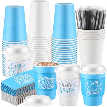 Imagem de Layhit 100 peças de xícaras de café descartáveis de inverno com flocos de neve de Natal copos de papel com tampas mangas e canudos de agitação para suprimentos de festa de cacau quente de inverno