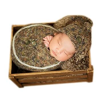 Imagem de Conjunto de 5 peças para recém-nascidos menino menina fotografia adereços laço envoltório, auxílio posando, chapéu e toucas (verde exército)