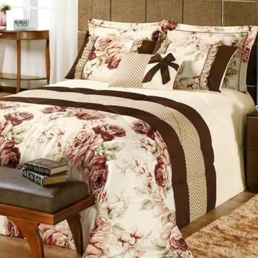 Imagem de Kit 7 Peças Edredom Queen, 2,60m x 2,40m, 2 Porta Travesseiros, 2 Capas Travesseiros com Babado, Almofada Decorativa, Palha/Marrom