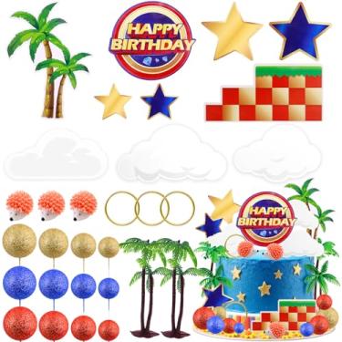 Imagem de MEMOVAN Hedgehog Cake Topper 29PCS Cartoon Themed Happy Birthday Cake Topper Red Blue Yellow Ball Cake Cupcake Toppers with Tree Circle Blue Hedgehog Stars for Kids Baby Shower Birthday