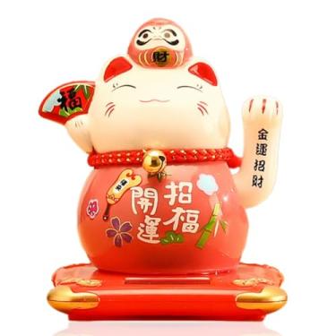 Imagem de Tgfer Nova estátua de gato da sorte de cerâmica movida a energia solar de 10 cm Dharma Maneki Neko Becoking para exibição de casa/decoração de carro (rosa)