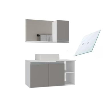 Imagem de Conjunto Gabinete Banheiro Virtus 80cm TAMPO VIDRO (gabinete + cuba + espelheira+ tampo vidro)(Branco/Cinza)