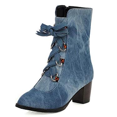 Imagem de Bigfanshu Botas femininas de cano curto e botas tamanho grande cabeça redonda jeans grosso com mulheres no tubo, Azul, 47 M EU