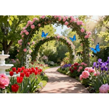 Imagem de DePhoto Pano de fundo de jardim de primavera, jardim secreto, fonte floral, borboleta, flor, corredor, pano de fundo para primavera, festa de aniversário, vinil