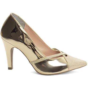Imagem de Sapato Scarpin Salto Fino 9cm Verniz Metalizado Specchio Ouro Light e Napa Croco Dourado, Torricell@ REF.: 68008A (BR, Adulto, Numérico, 36)