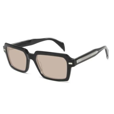 Imagem de HCHES Óculos de sol retangulares masculinos artesanais de acetato com rebite feminino UV400 (preto/laranja)