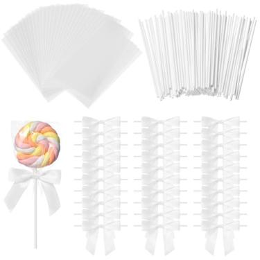 Imagem de AmazingSpark 100 unidades de sacos de petisco pop de bolo com palitos e laços para pirulitos, doces, chocolates e biscoitos, embalagem de lembrancinha de festa (branco)
