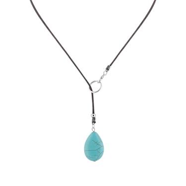 Imagem de MINACHI Colar com pingente oval turquesa criado Boho, cordão de couro sintético, joia boêmia vintage presente para mulheres