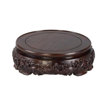 Imagem de suporte para bonsai Base giratória de madeira com entalhe em relevo para abajur mesa bonsai e bule(Pequeno)