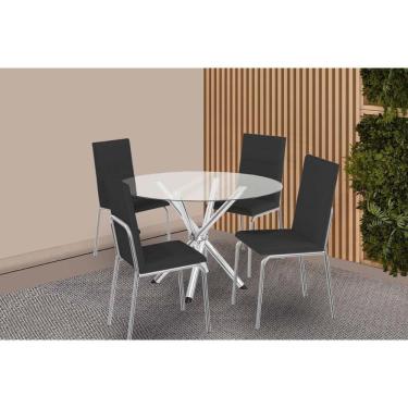 Imagem de Conjunto: Mesa Sala Jantar Volga C- Tampo De Vidro 95cm E 4 Cadeiras Amsterdã Cromada - Courano Preto - Kappesberg