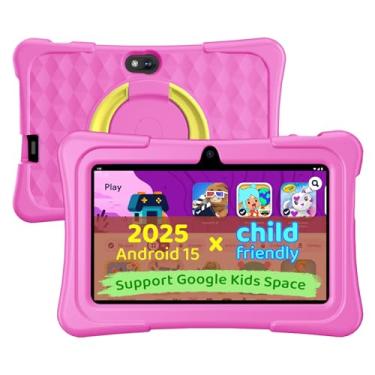 Imagem de Tablet infantil, tablet Android 15 de 7 polegadas para crianças, 8 GB + 32 GB de expansão de 1 TB, tablets infantis quad-core com capa à prova de choque, BT5.0, WiFi 5, controle parental, jogos