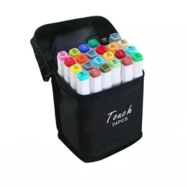 Imagem de Kit 24 Cores Canetas Marcador Permanente Ponta Dupla Vivas à Base de Álcool para Desenho, Colorir, Ilustração e Mangá com Estojo Portátil