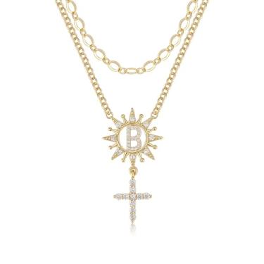 Imagem de TANTIUE Colar feminino com letras e cruz de girassol banhado a ouro 14 K, zircônia cúbica, girassol com inicial em camadas, pingente de cruz A - Z, joia feminina, adjustable, Latão, Zircônia cúbica