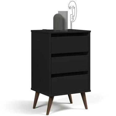 Imagem de Mesa De Cabeceira Pés Retrô 3 Gavetas 43cm Wood Preto - Ej Móveis