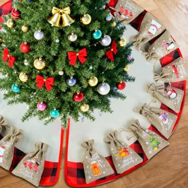Imagem de Saia de árvore de Natal de 119 cm com 24 sacos de presente vermelho bufante xadrez guarnição para árvore de linho, tapete de árvore de Natal, tapete de base redondo para decoração de festa em casa