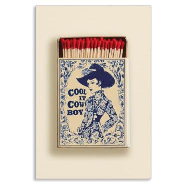 Imagem de XMJJQQ Cool It Cowboy Matchbox Canvas Wall Art, Cowgirl with Hat Pôster Estético Millennial Granddaughter, Azul e Branco Chinoiserie Cobalto, Decoração retrô de parede ocidental 30 x 40 cm sem moldura