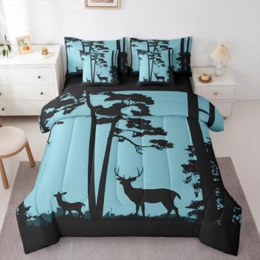 Imagem de Erosebridal Jogo de cama de veado em uma bolsa, 7 peças, animais selvagens, veado, cabana rústica, ocidental, rústica, king-size, selva, pinheiro, com edredom e decoração de floresta natural