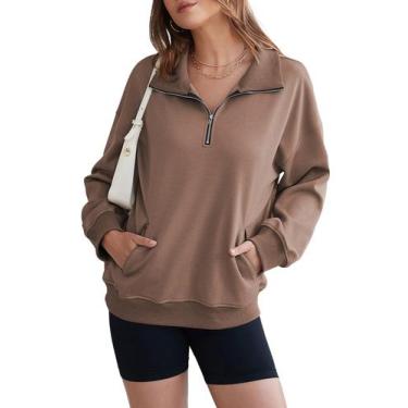 Imagem de Moletom com capuz feminino ECOWISH, gola alta e bolsos, café