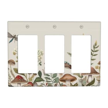 Imagem de JDAKHD Capa decorativa de folhas de cogumelo vintage dos anos 70 para 3 gangs, placa de parede com saída tripla, placa frontal para banheiro, quarto, cozinha, decoração
