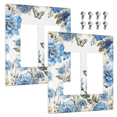 Imagem de Wmhusu Capas de tomada flores de íris azul borboleta botânica planta floral 2 gangues capa de interruptor de luz duplo balancim placa de parede decorativa GFCI receptáculo placa elétrica para banheiro