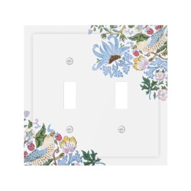 Imagem de LuHuoLu Placa decorativa para interruptor de luz, retrô, morris, morango, planta rústica, pássaro, 2 gangues, placa de parede grande, interruptor duplo, dois interruptores, placa frontal de