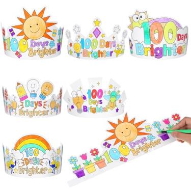 Imagem de ReliThick 24 Pcs Color Your Own 100 Days Brighter Crowns Light Bulb Firefly DIY Coloring Paper Crowns for 100 Days of School Hat Craft Kits with Elastic Cord, 6 Designs