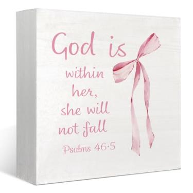 Imagem de FLVGE Decoração de dormitório Coquette, presentes cristãos de laço rosa para mulheres, fé, versículo bíblico inspirador, placa de caixa de madeira, decoração de parede feminina para quarto de meninas