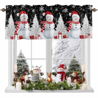 Imagem de Cortina de Natal com boneco de neve para janelas, boneco de neve vermelho, árvore de Natal, flocos de neve, saia preta, bolso para varão, tratamento de janela, cortinas curtas para cozinha, banheiro