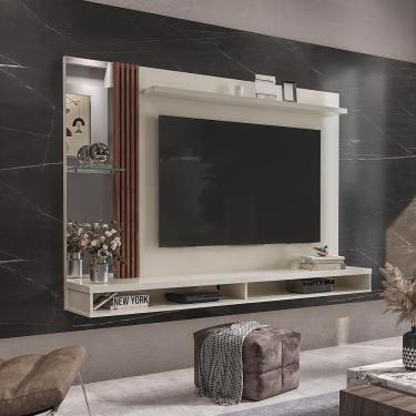 Imagem de Painel Ripado Tv 55 Polegadas Suspenso Com Espelho Sarabi - Off White E Naturale