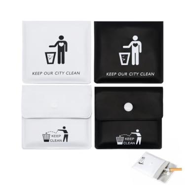 Imagem de Bolsa de cinzeiro portátil, pacote com 4, cinzeiro reutilizável de bolso à prova de cheiro de PVC à prova de fogo para viagem, carro, caminhada, estojo de cigarro compacto em preto e branco