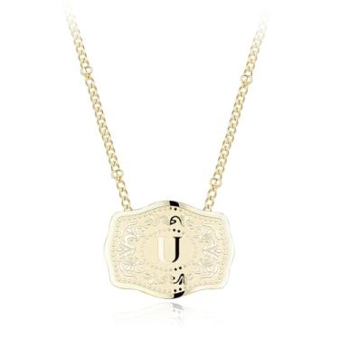 Imagem de Colar com pingente de letra inicial banhado a ouro 14K com fivela de cinto em relevo, compre 1 e ganhe 2 correntes, colar personalizado para mulheres, 18 inches +2 inches extender, Liga de aço, Sem