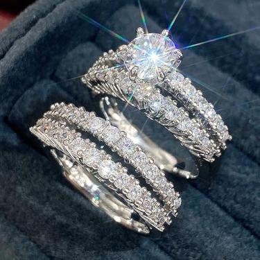 Imagem de 2 peças/conjunto de anéis de noivado de zircônia incrustados a ouro para mulheres, joias de presente de casamento, 10, Cobre, Zircônia cúbica