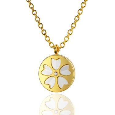 Imagem de Colar feminino banhado a ouro 18K, com pingente de flor de design Sakura redondo, Large, aço de titânio, Sem Pedra Preciosa