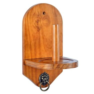 Imagem de byepica Suporte de giz de madeira de pinho com acabamento de nogueira – Acessório de bilhar montado na parede com anel de cabeça de leão – Fácil instalação para configuração de mesa de bilhar