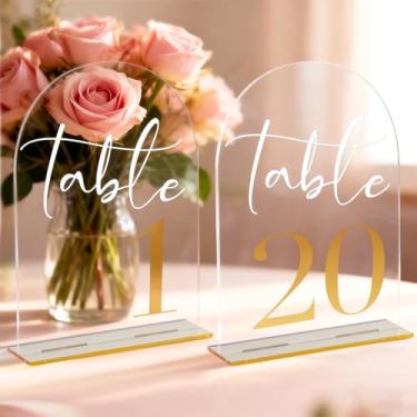 Imagem de Números de mesa de casamento de acrílico em arco com fonte e suportes dourados - placas de número de mesa de acrílico transparente de 12 x 18 cm para recepção de casamento, aniversário, evento e