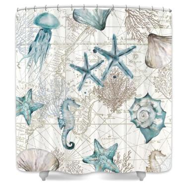 Imagem de DYNH Cortina de chuveiro náutica costeira, cortina de banheiro com tema de praia azul e branco oceano, estrela do mar, coral, água-viva, cavalo-marinho, cortina de banheira com ganchos, 169 x 170 cm