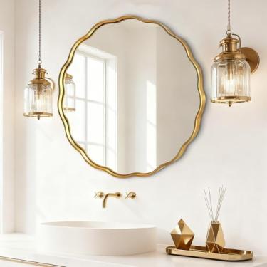 Imagem de ietat Espelho ondulado redondo dourado 76 cm, espelho circular para banheiro, moldura mental, espelho decorativo montado na parede para quarto, sala de estar