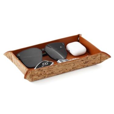 Imagem de EZDeco Bandeja de couro PU organizador de mesa de cabeceira premium para homens e mulheres joias anéis de chaves óculos moedas armazenamento de mesa marrom