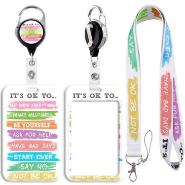 Imagem de Cordão com suporte de crachá de identificação retrátil com slogan "It's OK to..." Cordões para crachás de identificação, chaveiro para chaveiro, mulheres, meninas, escola, professora, enfermeira