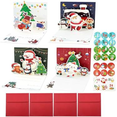 Imagem de Pacote de 4 cartões de Natal pequenos cartões de presente de Natal pop-up com 24 adesivos de envelopes, cartão de felicitações fofo 3D Papai Noel, boneco de neve, pode ser dado a amigos, familiares