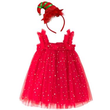 Imagem de YETANLID Conjunto de 2 peças de vestido tutu de lantejoulas para meninas pequenas tamanho 6M-5T, Vestido tutu de lantejoulas vermelhas com faixa de cabelo chapéu de Natal verde, 3-4 Anos