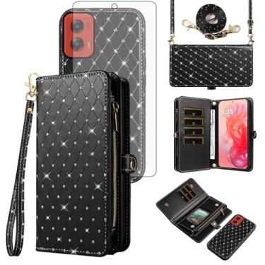 Imagem de Asuwish Capa de celular para Motorola Moto G Stylus 5G 2024 com zíper carteira destacável com protetor de tela de vidro temperado alça transversal alça flip glitter porta-cartão slot G5 mulheres