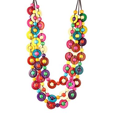 Imagem de Hifunny Colar de contas de madeira boêmio concha de coco colorido colar com pingente de contas de madeira para mulheres joias feitas à mão, Metal, Strass